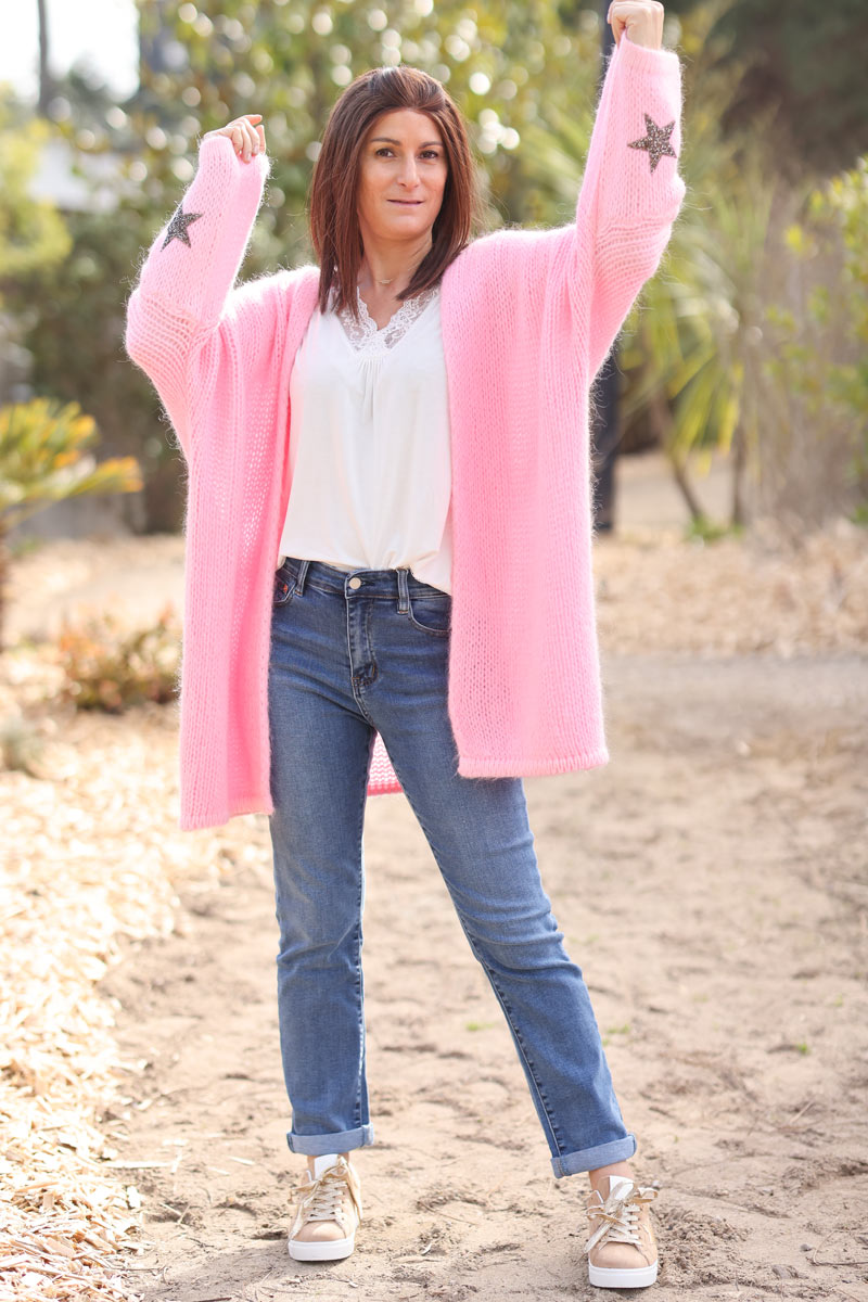 Pink Drop-Sleeve Knit Duster with Star Studded Cuffs