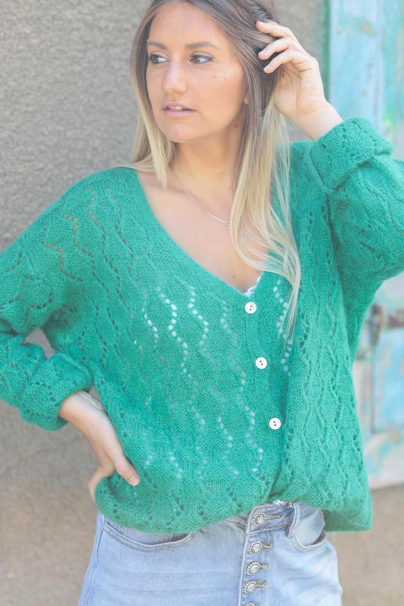 Green cardigan with open diamond crochet - Main Image