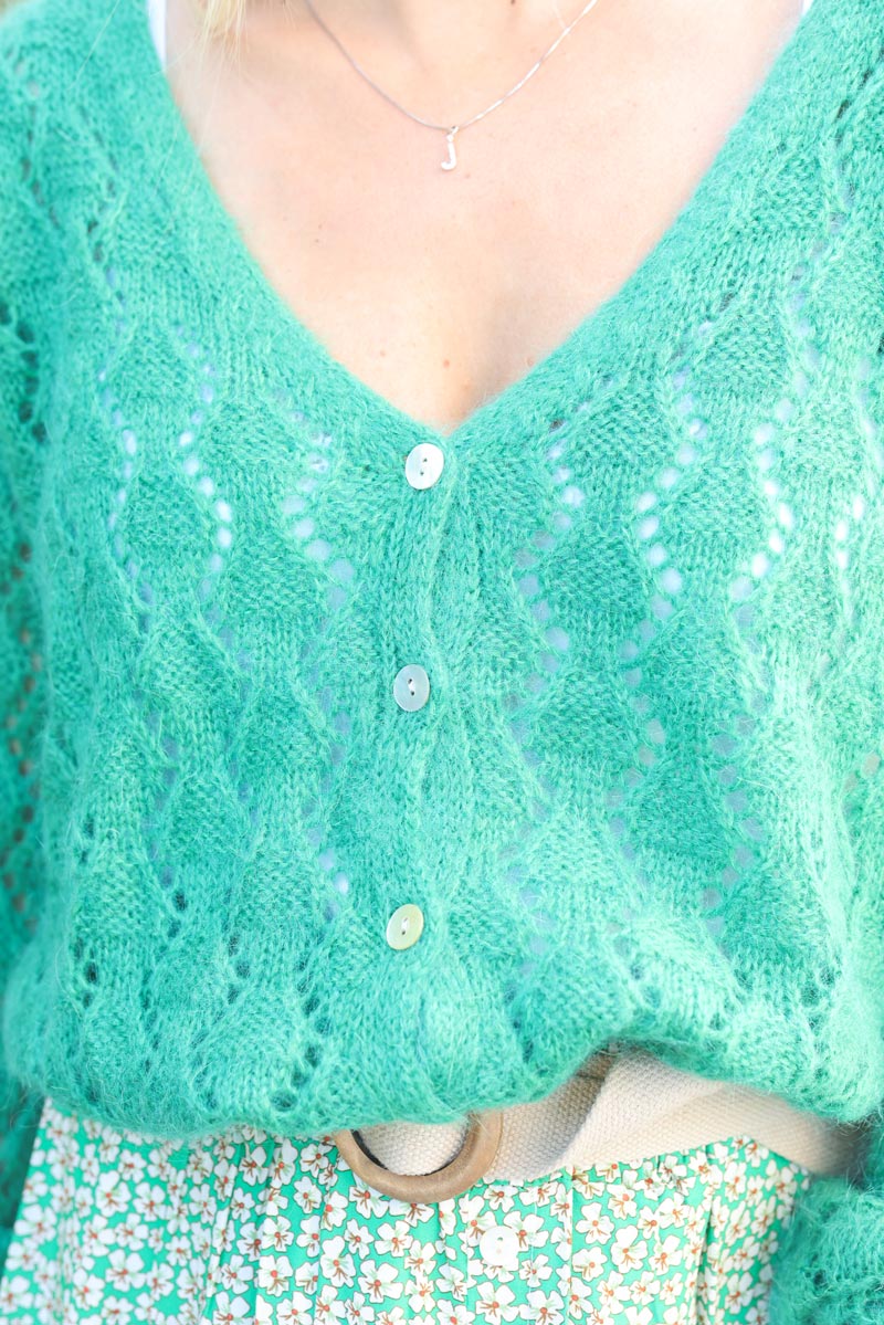 Gilet maille ajouree boutons nacres vert G031 (1)