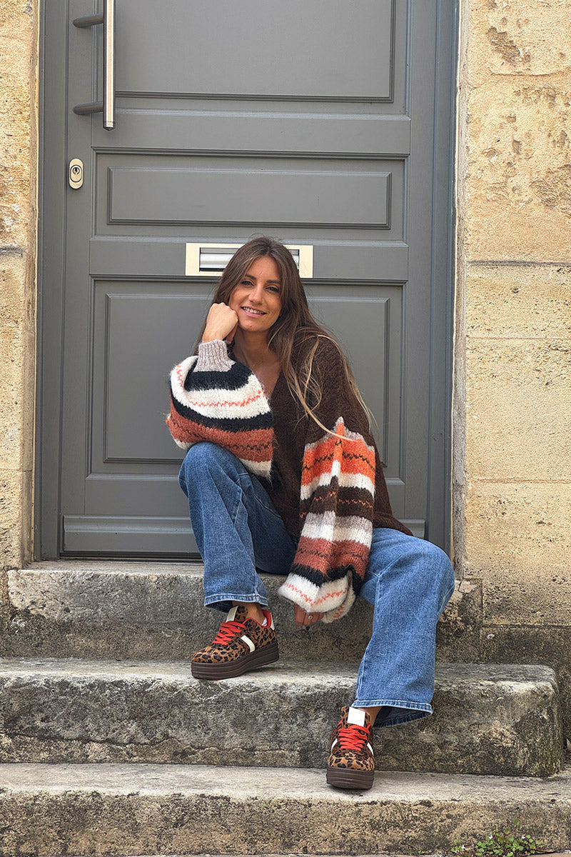 Chocolate Fall Stripe Sleeve Sweater Knit Cardigan