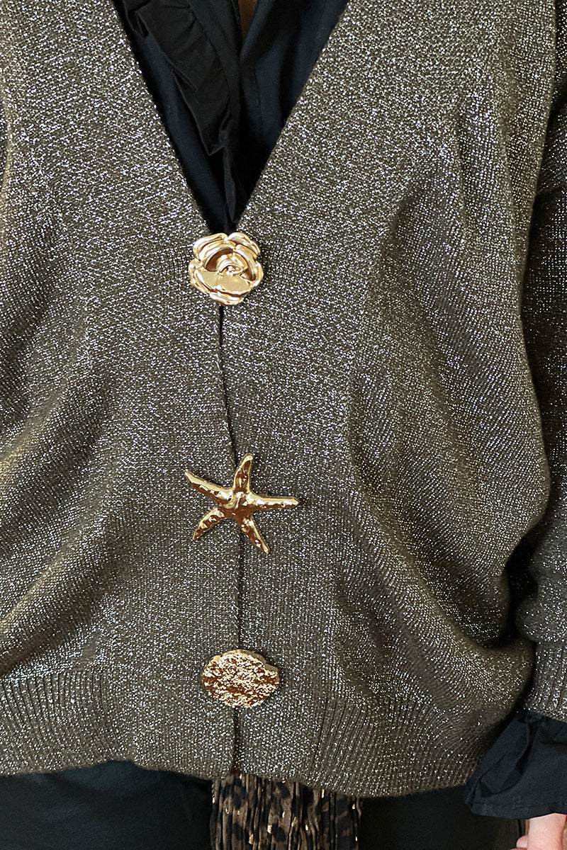 Charcoal Sparkle Knit Cardigan with Gold Buttons