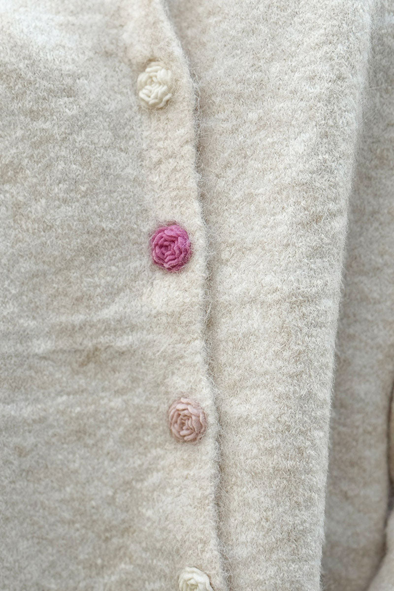 Beige Rose Button Knit Cardigan