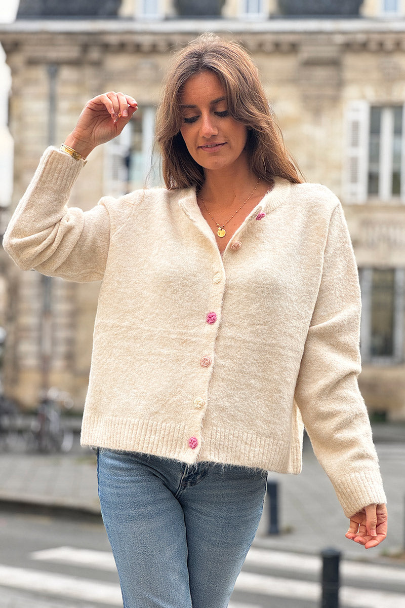 Beige Rose Button Knit Cardigan