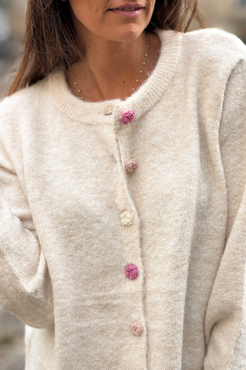 Beige Rose Button Knit Cardigan