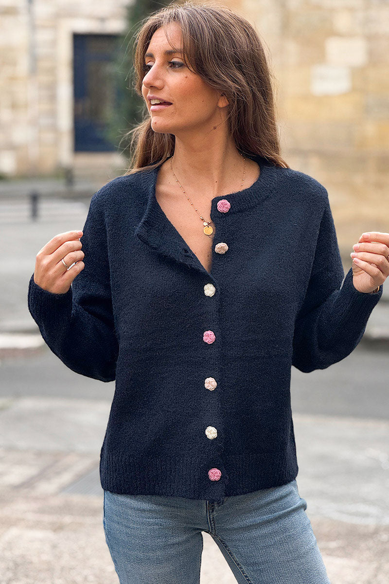 Navy Blue Rose Button Knit Cardigan