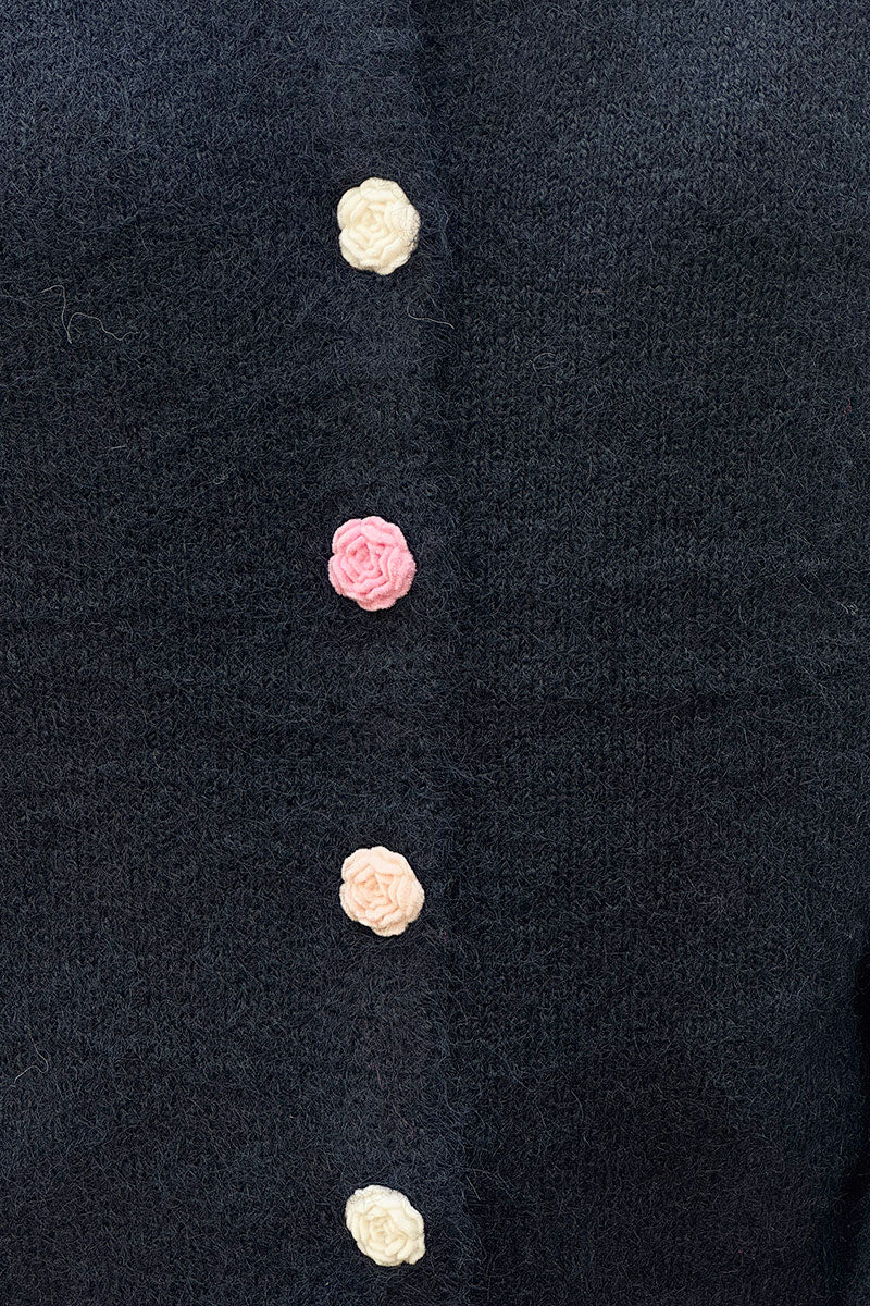 Navy Blue Rose Button Knit Cardigan