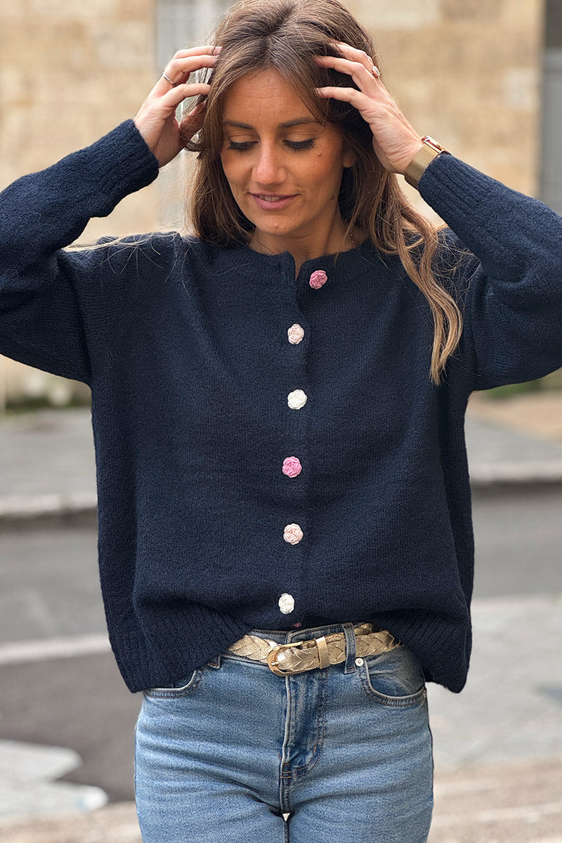 Navy Blue Rose Button Knit Cardigan