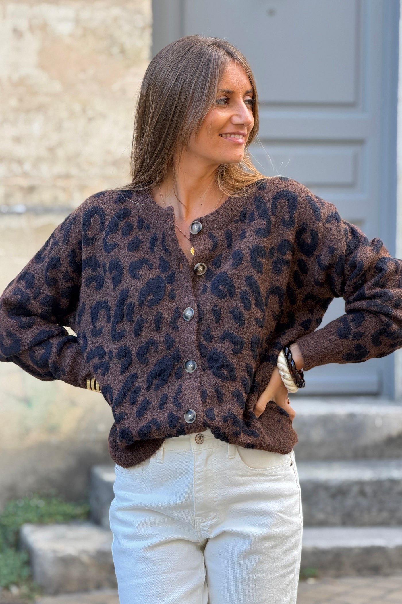 Gilet moelleux en maille motif léopard marron