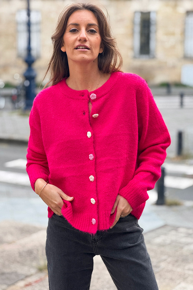 Hot Pink Rose Button Knit Cardigan