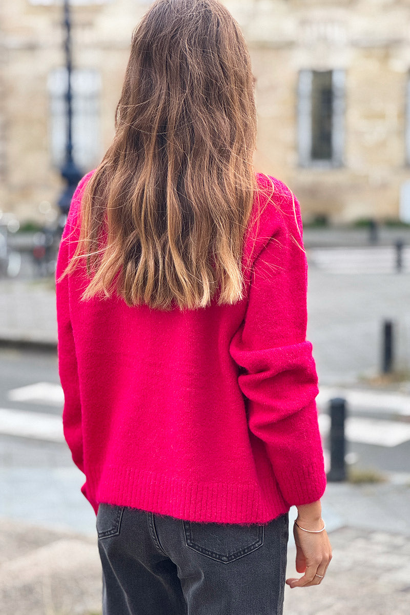 Hot Pink Rose Button Knit Cardigan