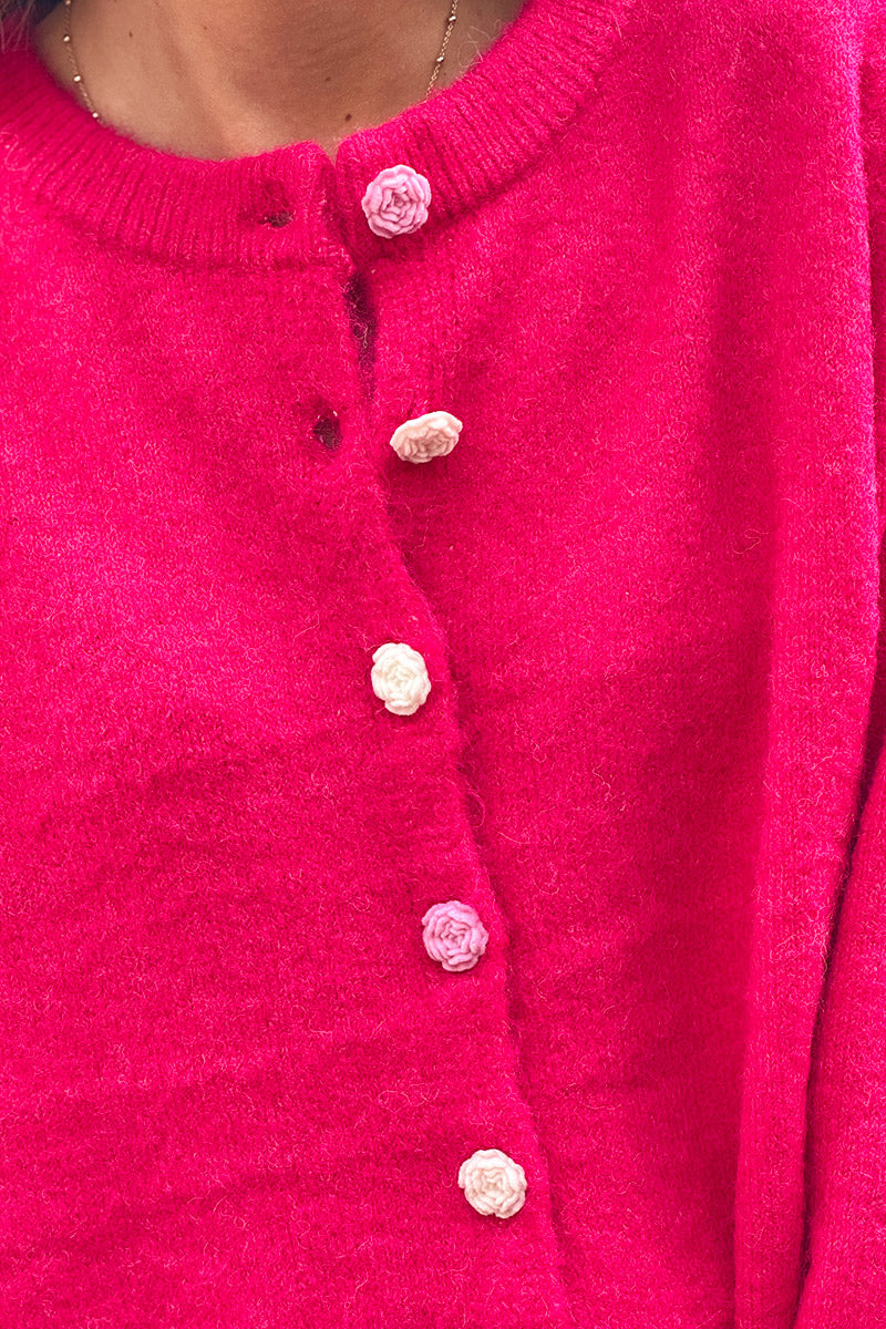 Hot Pink Rose Button Knit Cardigan