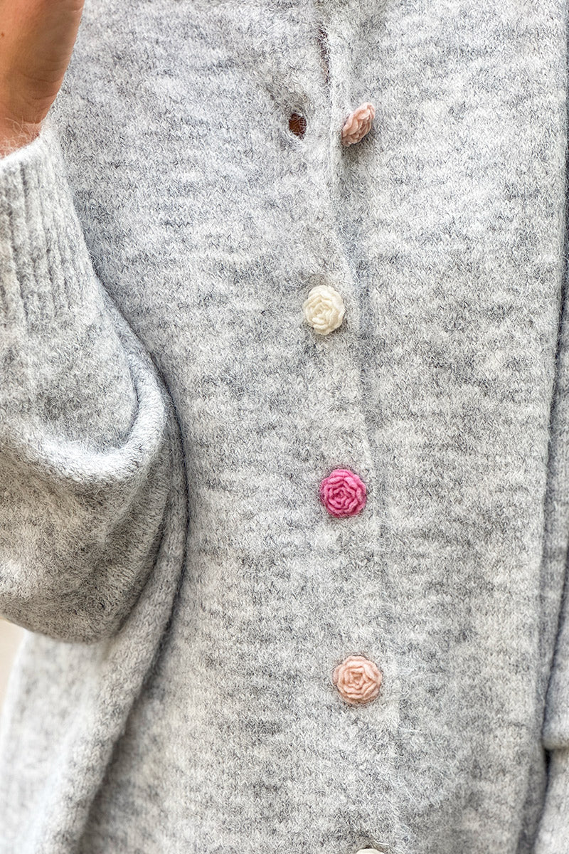 Heather Gray Rose Button Knit Cardigan