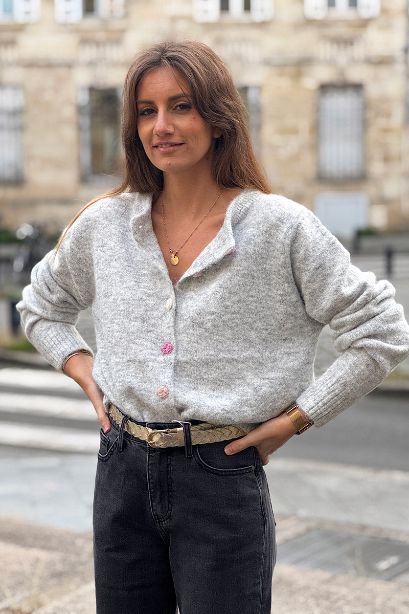 Heather Gray Rose Button Knit Cardigan