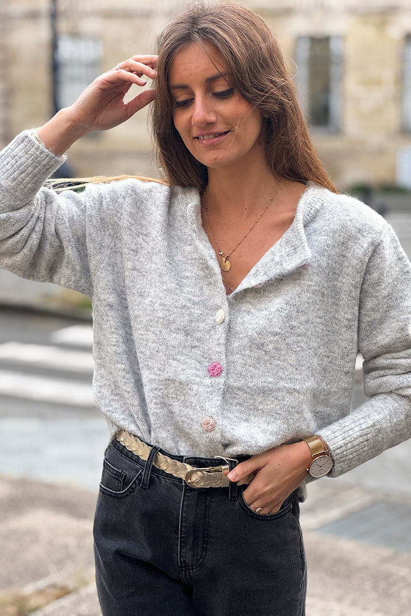 Heather Gray Rose Button Knit Cardigan
