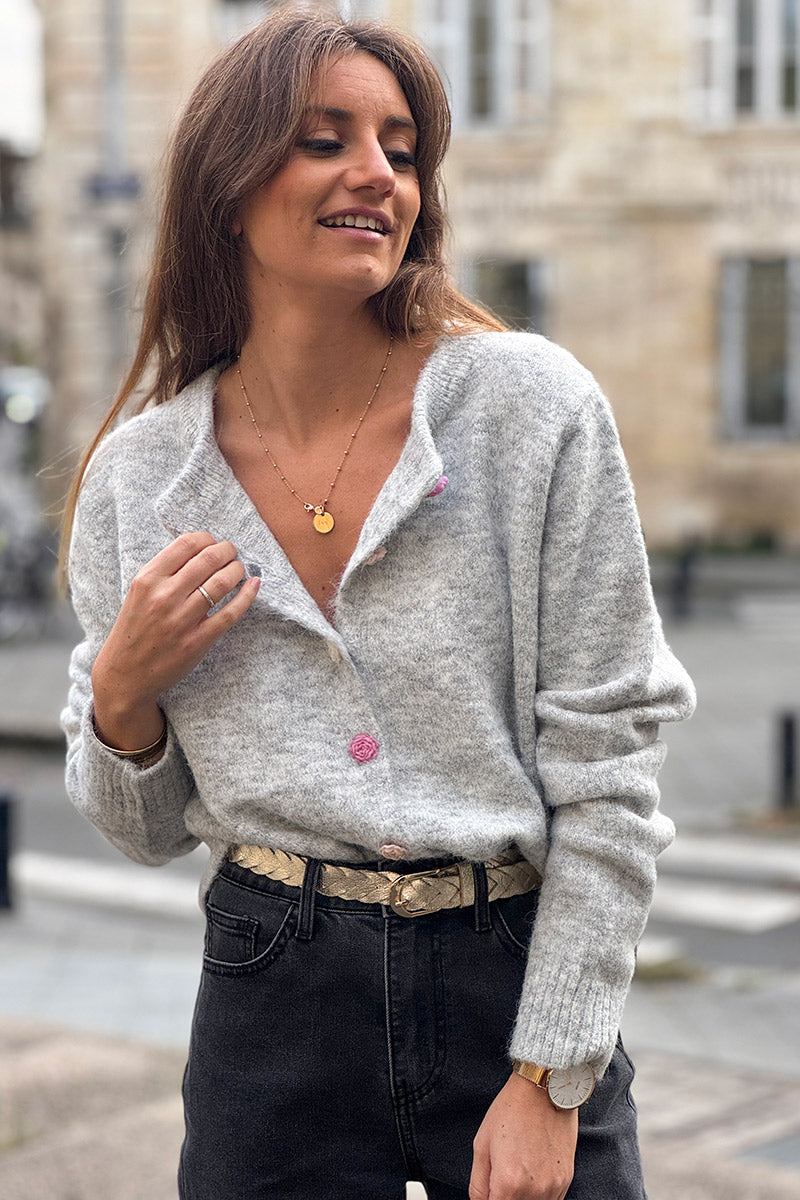 Heather Gray Rose Button Knit Cardigan