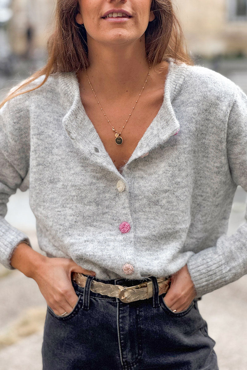 Heather Gray Rose Button Knit Cardigan