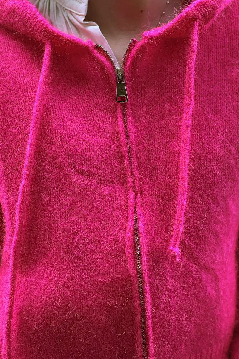 Gilet en mohair fuchsia fluo fermeture zip à capuche