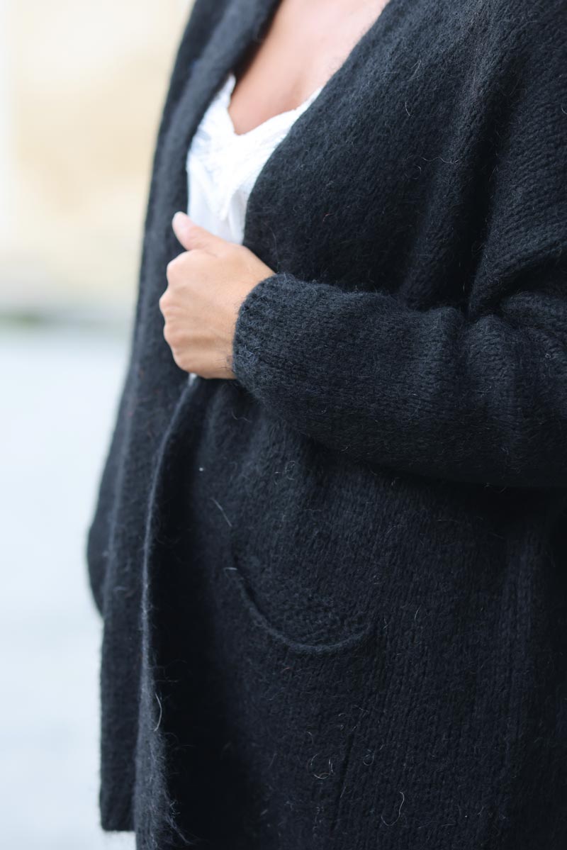 Gilet noir col enveloppant avec poches c021 (1)