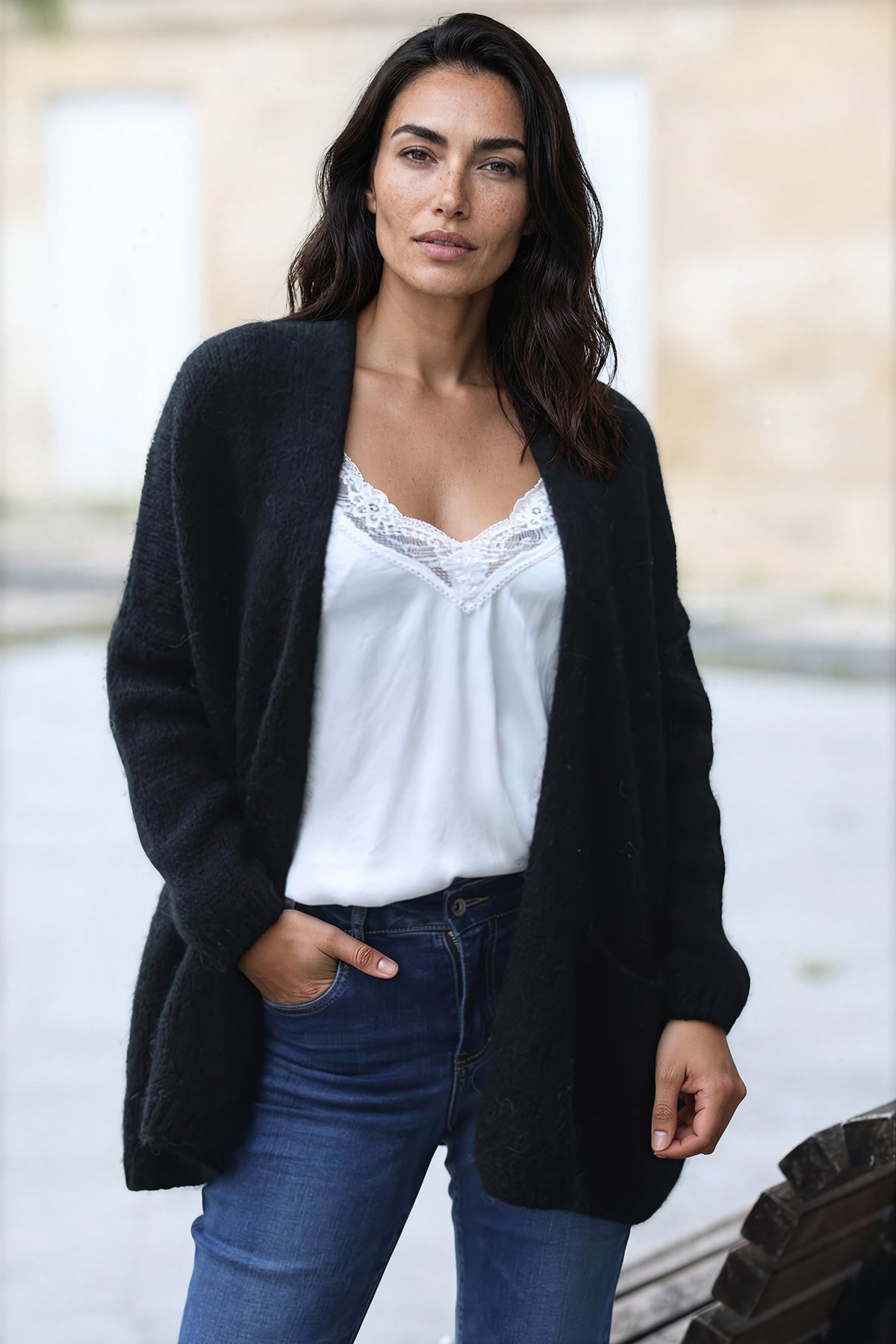 Black cardigan with wrap around collar