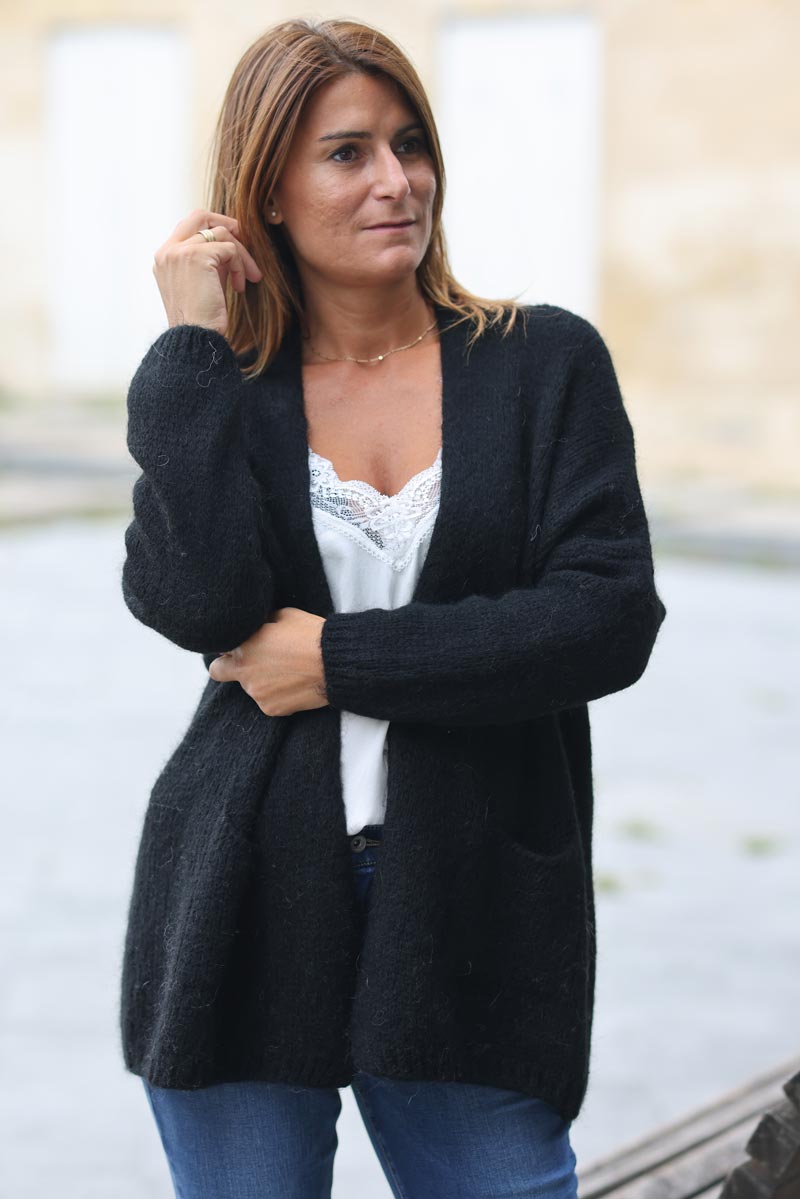 Gilet noir col enveloppant avec poches c021 (1)