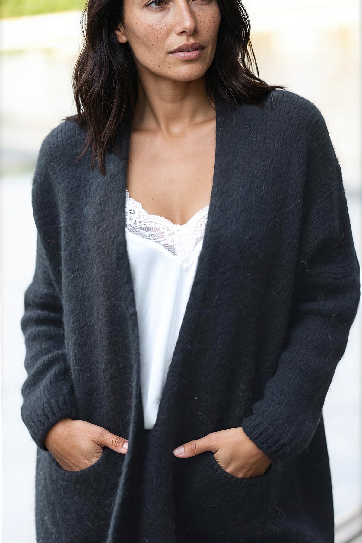 Black cardigan with wrap around collar