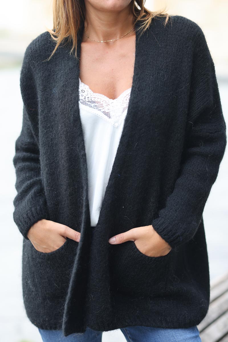 Gilet noir col enveloppant avec poches c021 (1)