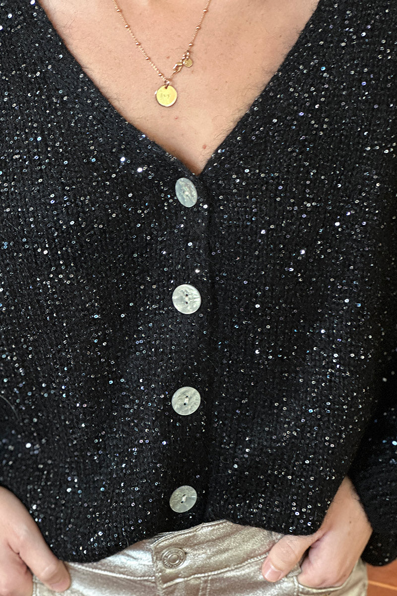 Black Sparkle Knit Button-Down Cardigan