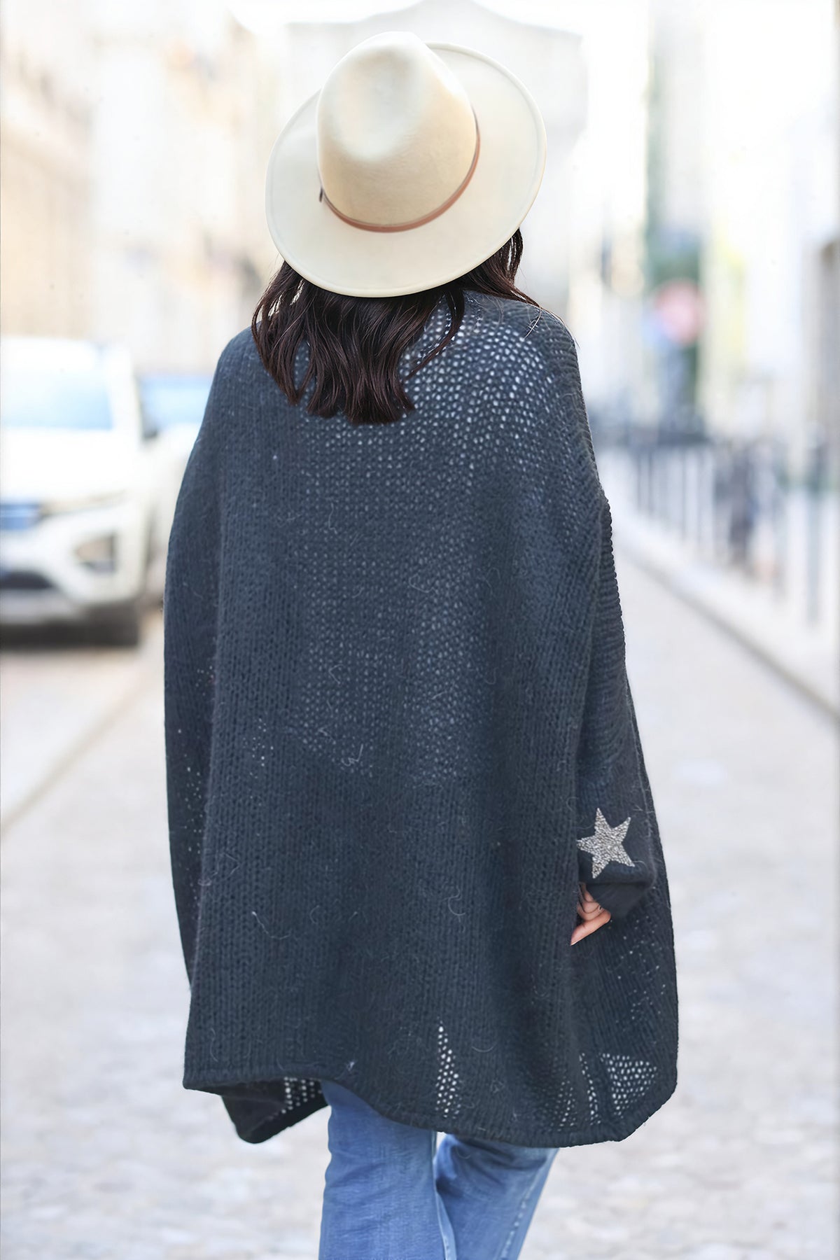 Black Drop-Sleeve Knit Duster with Star Studded Cuffs