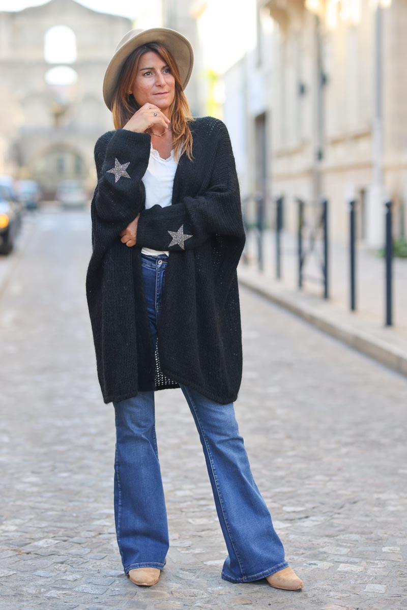 Black Drop-Sleeve Knit Duster with Star Studded Cuffs