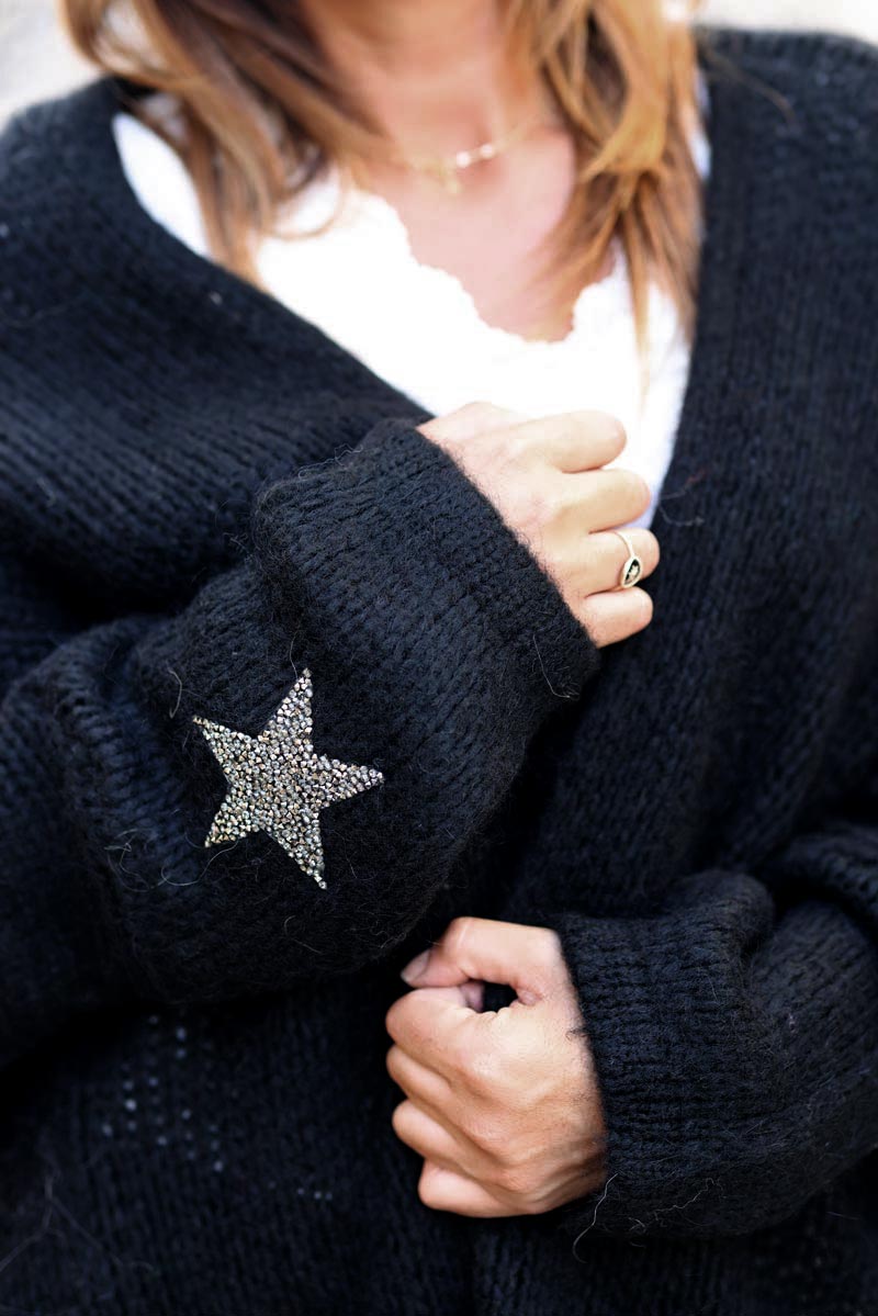 Black Drop-Sleeve Knit Duster with Star Studded Cuffs