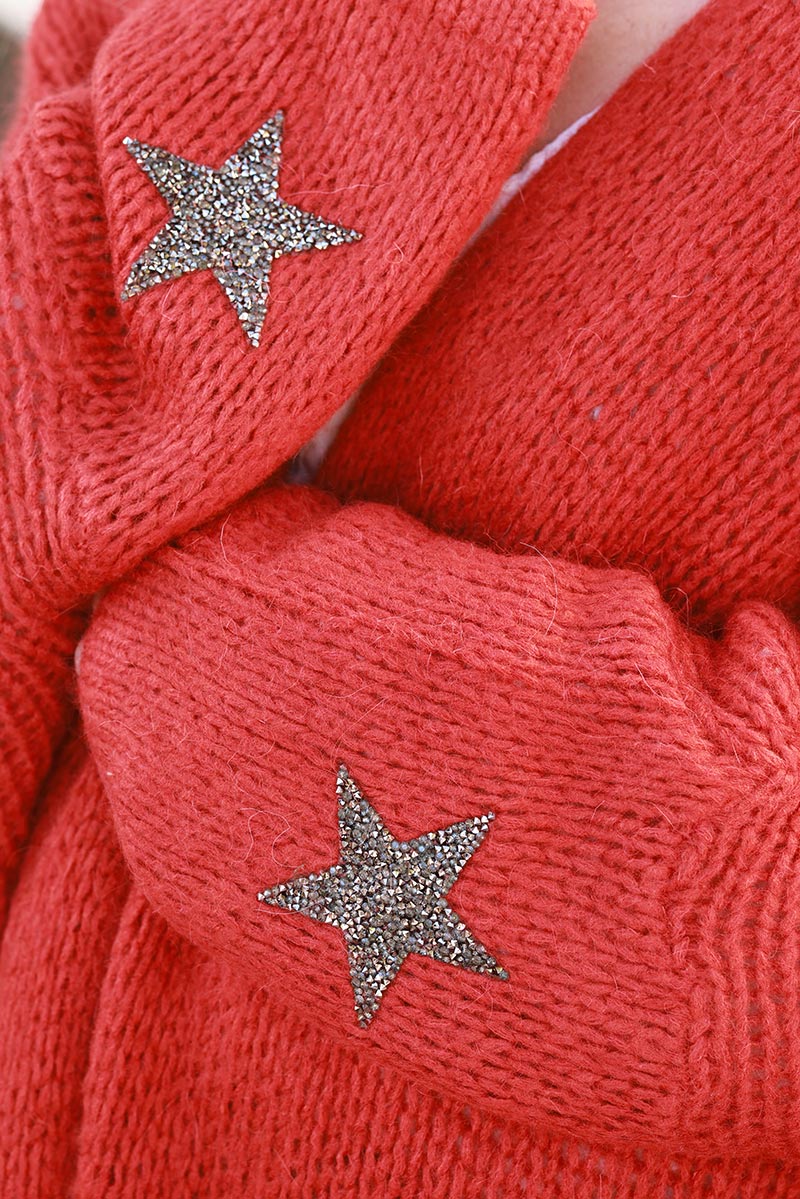 Gilet rouge orange mi long grosses mailles étoile strass manches
