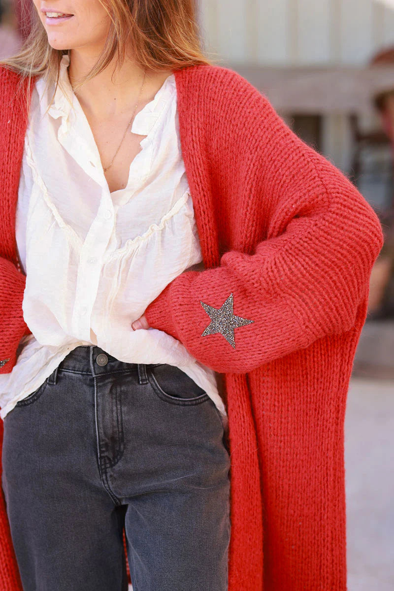 Gilet rouge orange mi long grosses mailles étoile strass manches