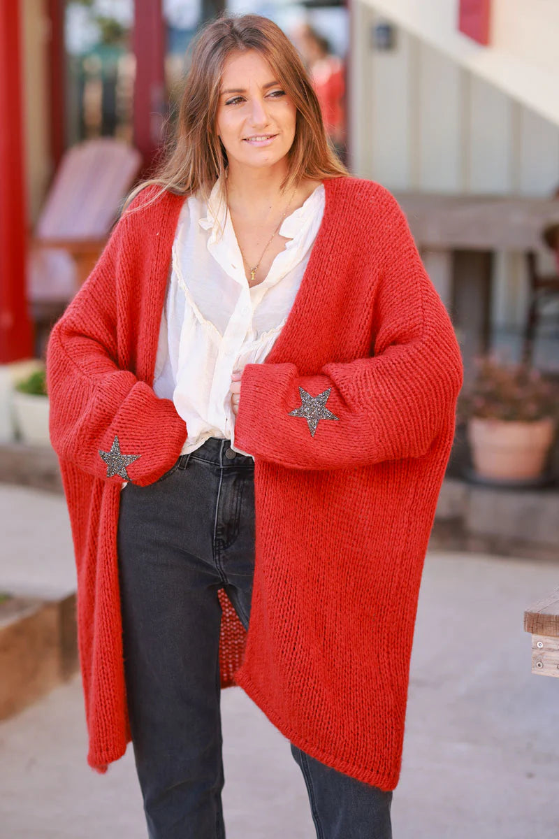Gilet rouge orange mi long grosses mailles étoile strass manches