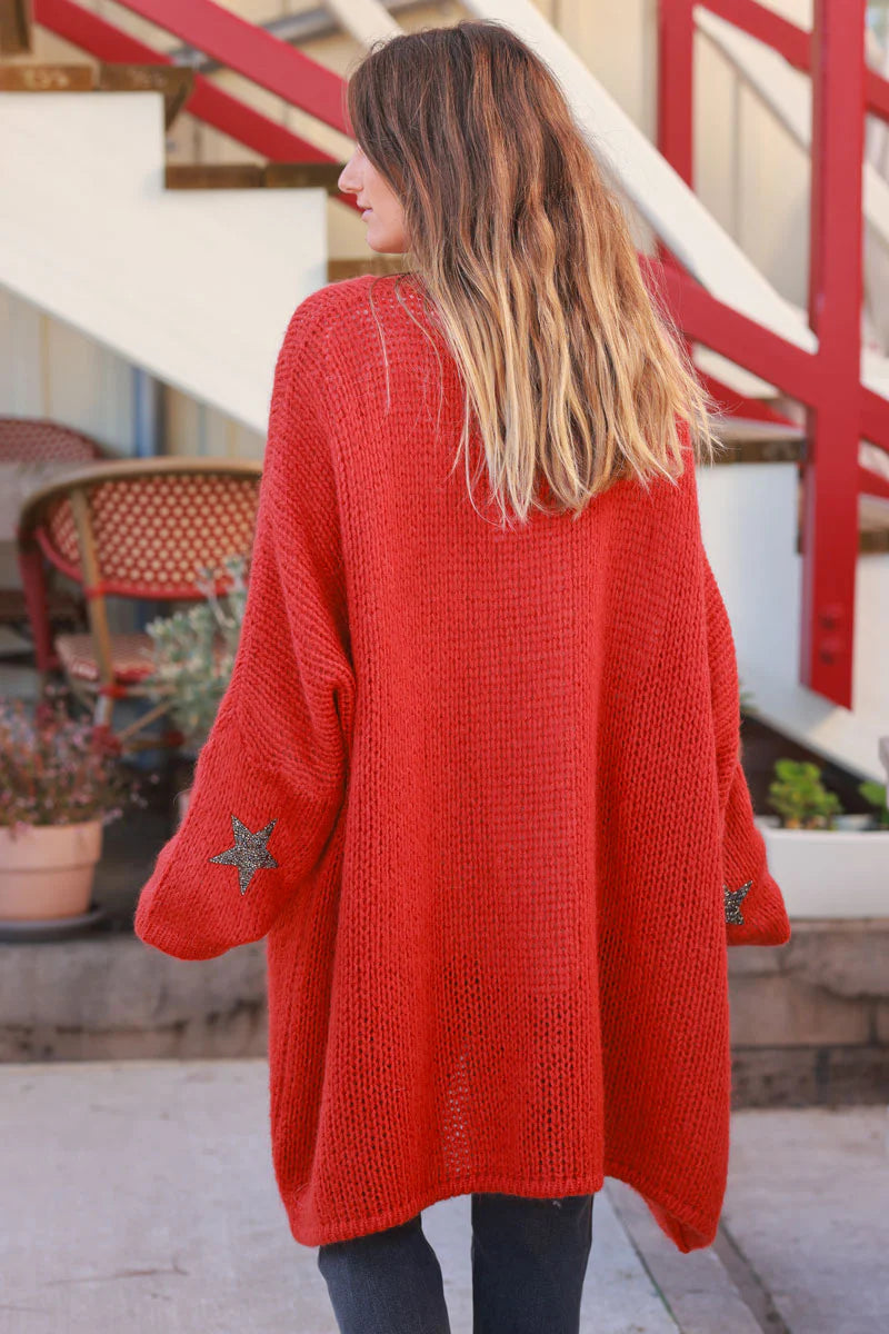 Gilet rouge orange mi long grosses mailles étoile strass manches