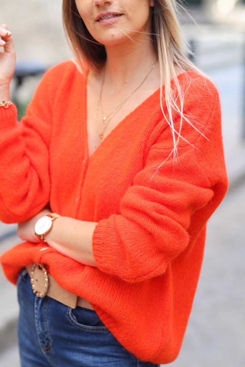 Gilet orange sanguine petite maille boutons nacres G043 (1)