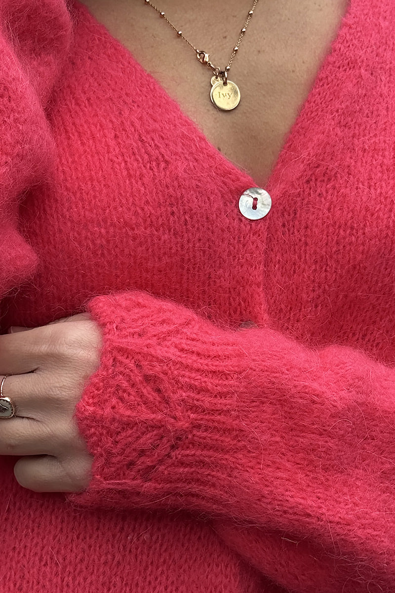 Coral Scalloped Hem Mohair Knit Cardigan