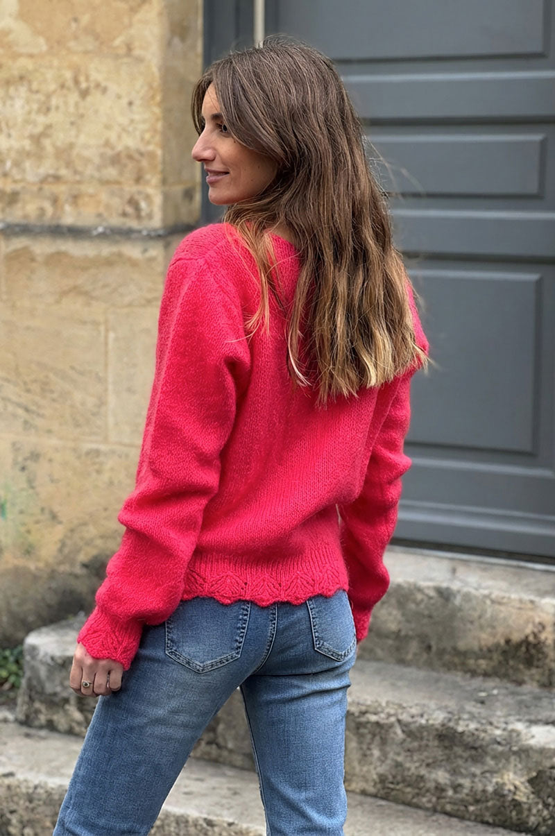 Coral Scalloped Hem Mohair Knit Cardigan