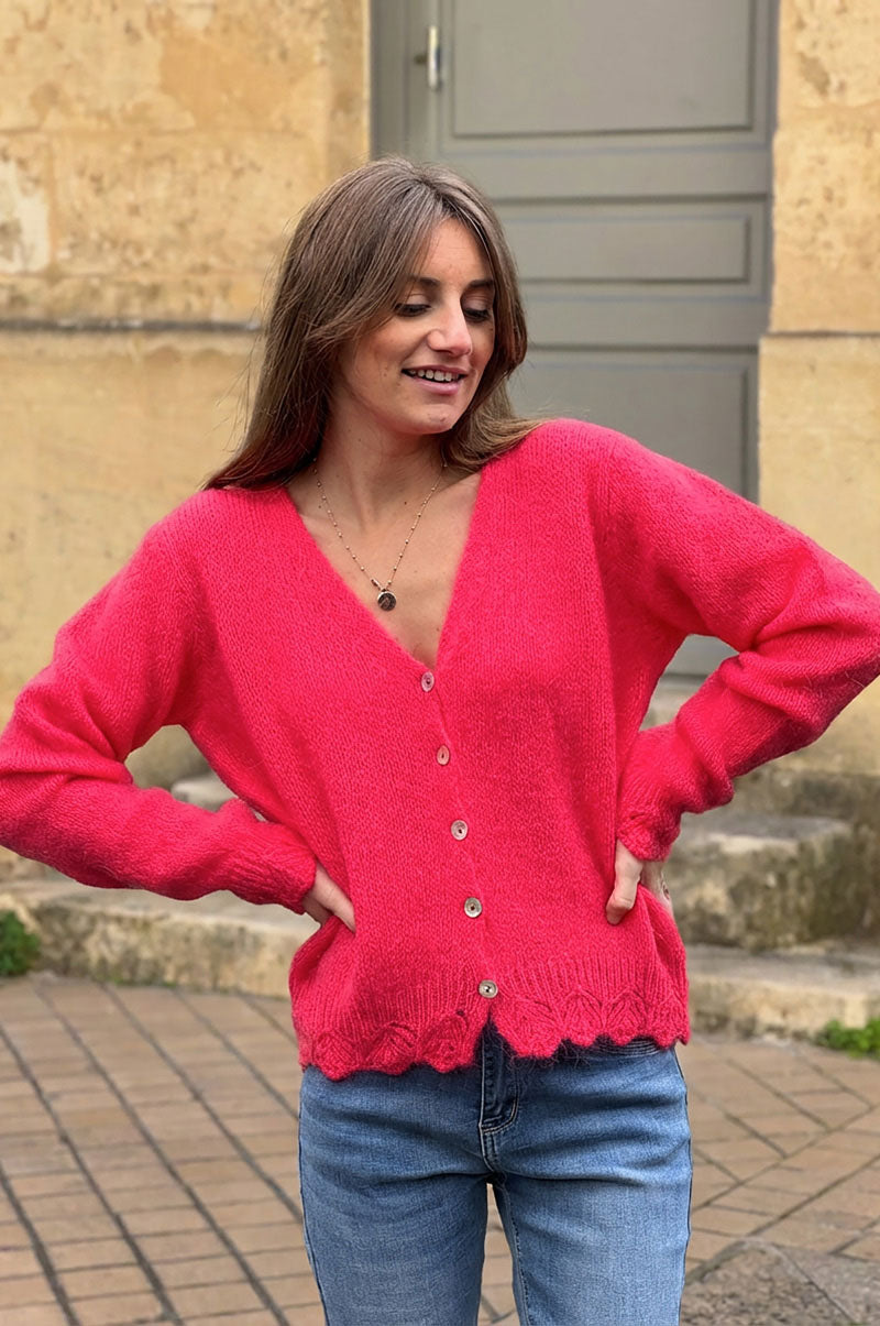 Coral Scalloped Hem Mohair Knit Cardigan
