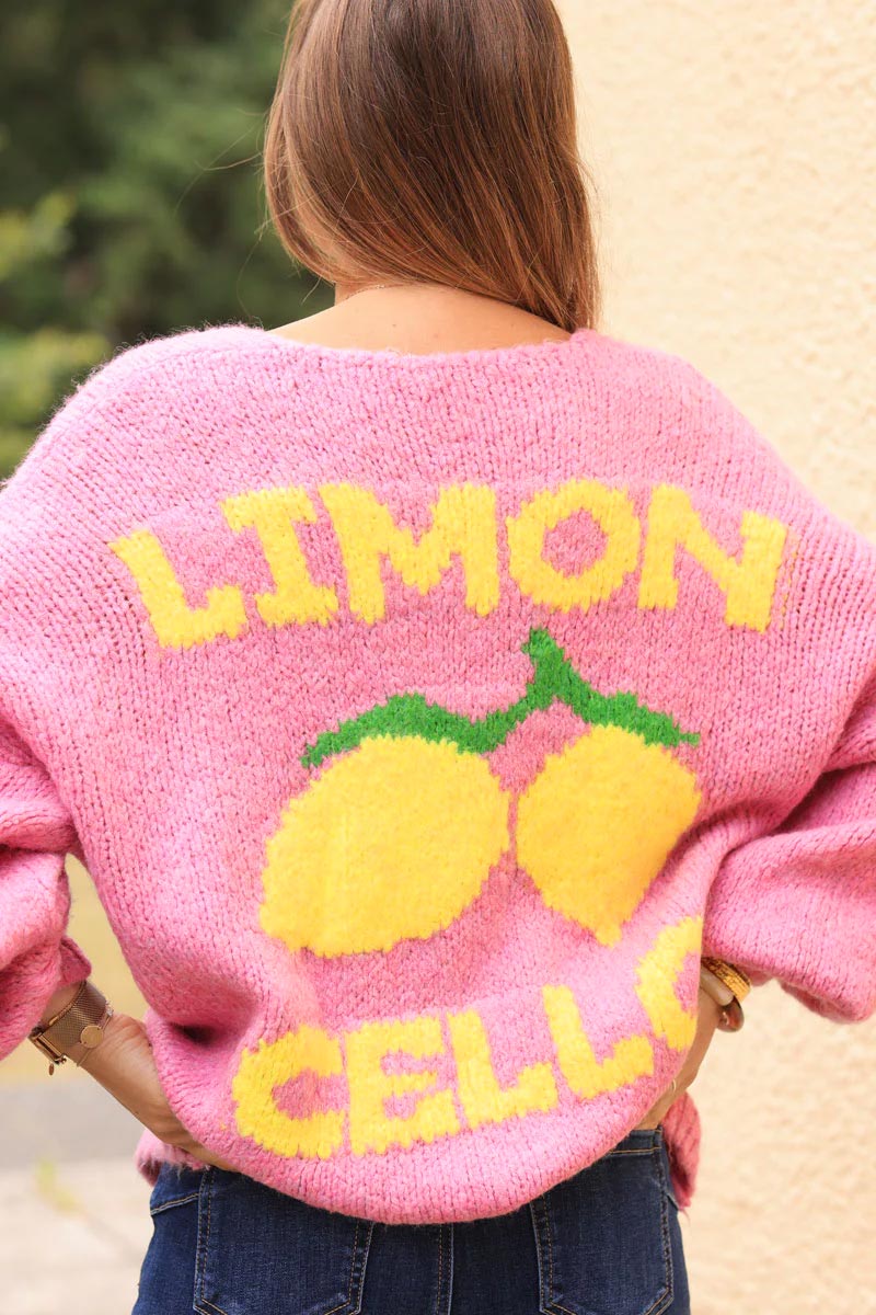 Pink chunky knit cardigan with lemon 'limoncello' back pattern