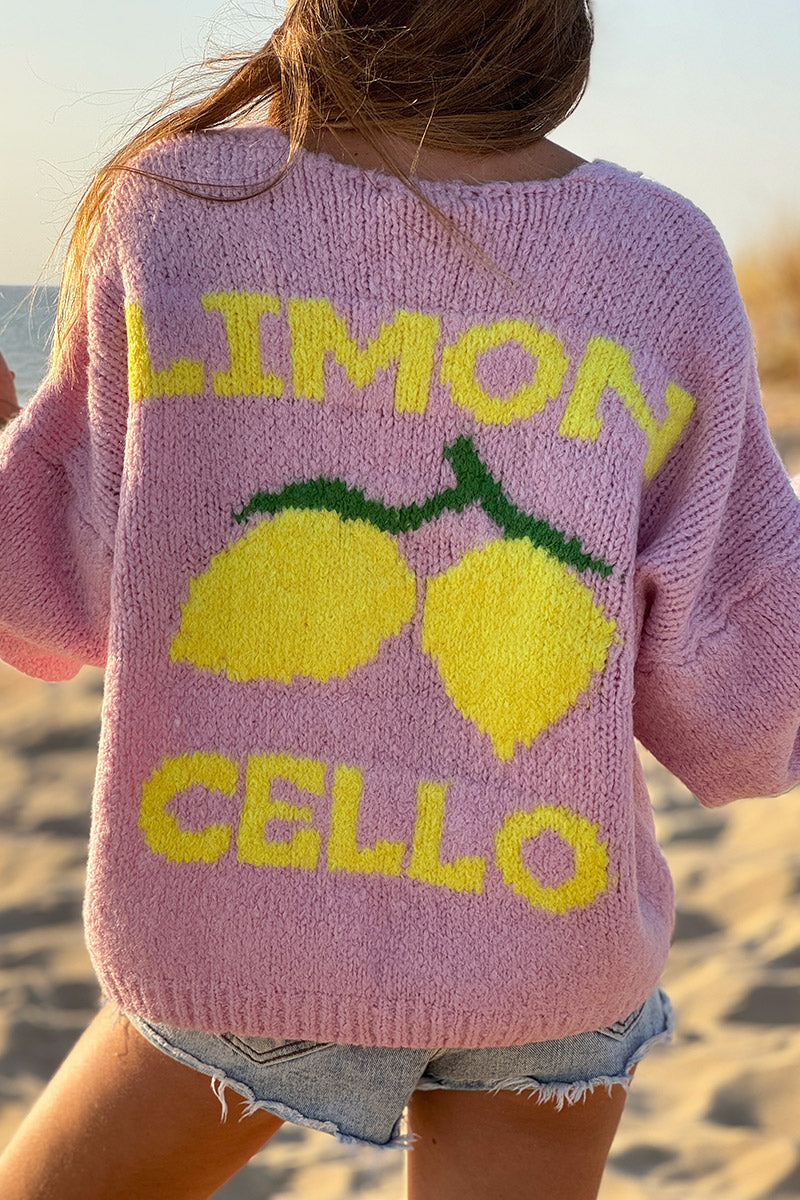Soft pink chunky knit cardigan with lemon 'limoncello' back pattern