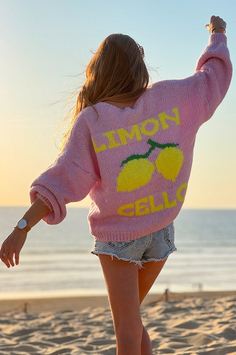 Soft pink chunky knit cardigan with lemon 'limoncello' back pattern