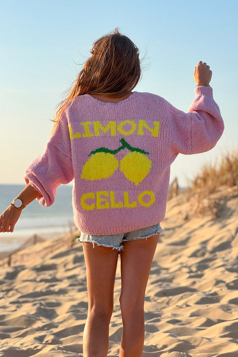 Soft pink chunky knit cardigan with lemon 'limoncello' back pattern