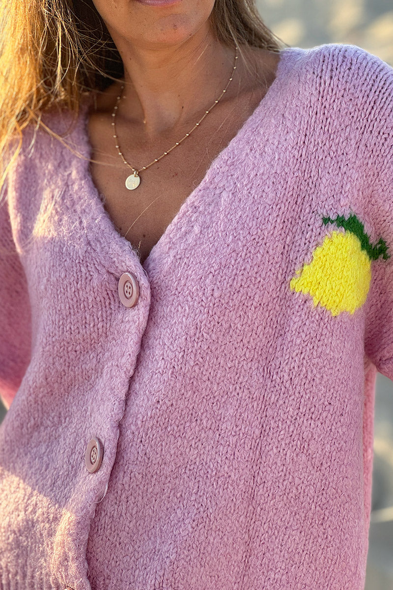 Soft pink chunky knit cardigan with lemon 'limoncello' back pattern