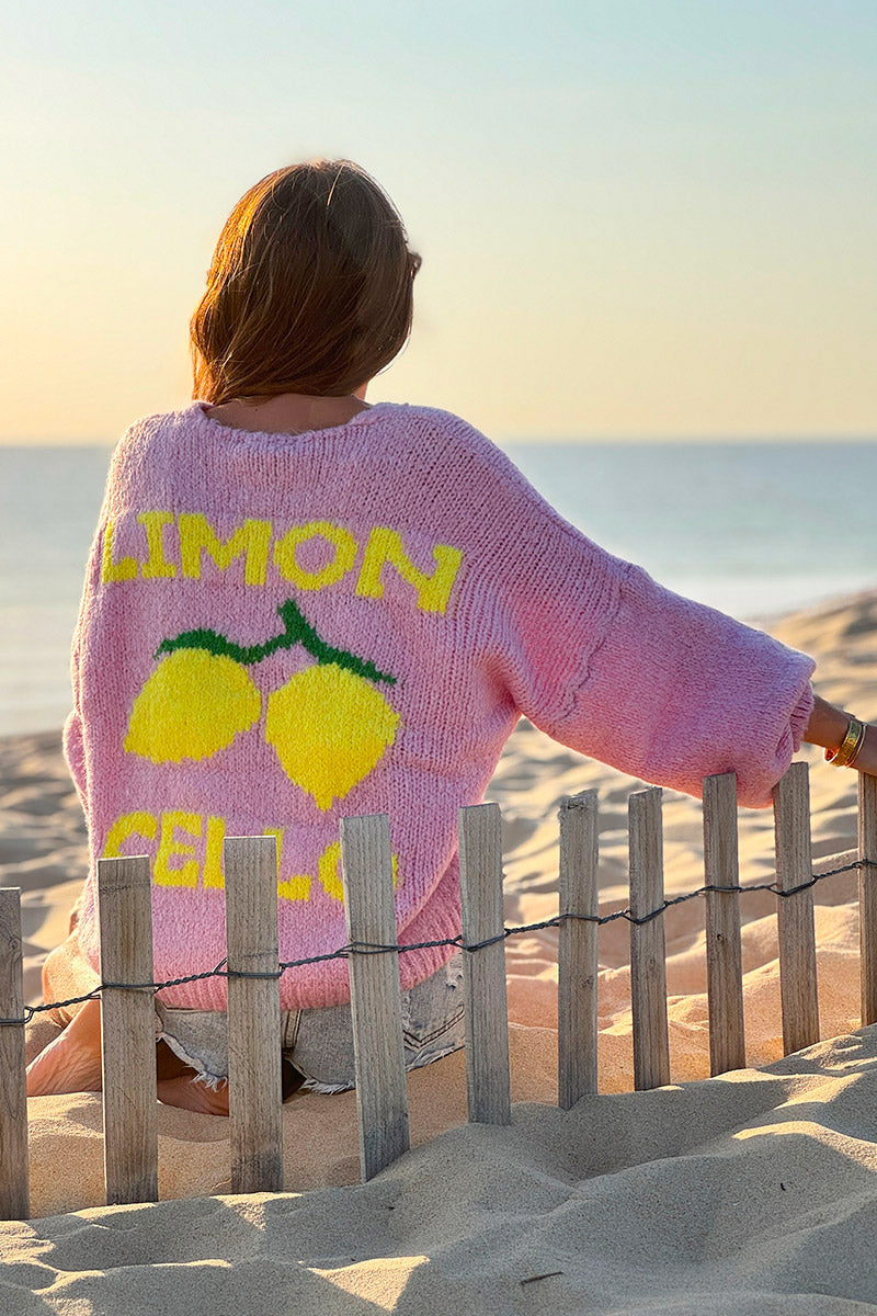 Soft pink chunky knit cardigan with lemon 'limoncello' back pattern