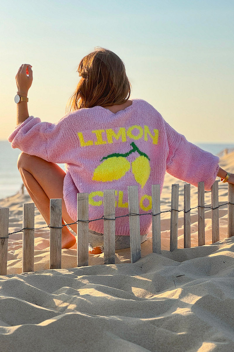 Soft pink chunky knit cardigan with lemon 'limoncello' back pattern