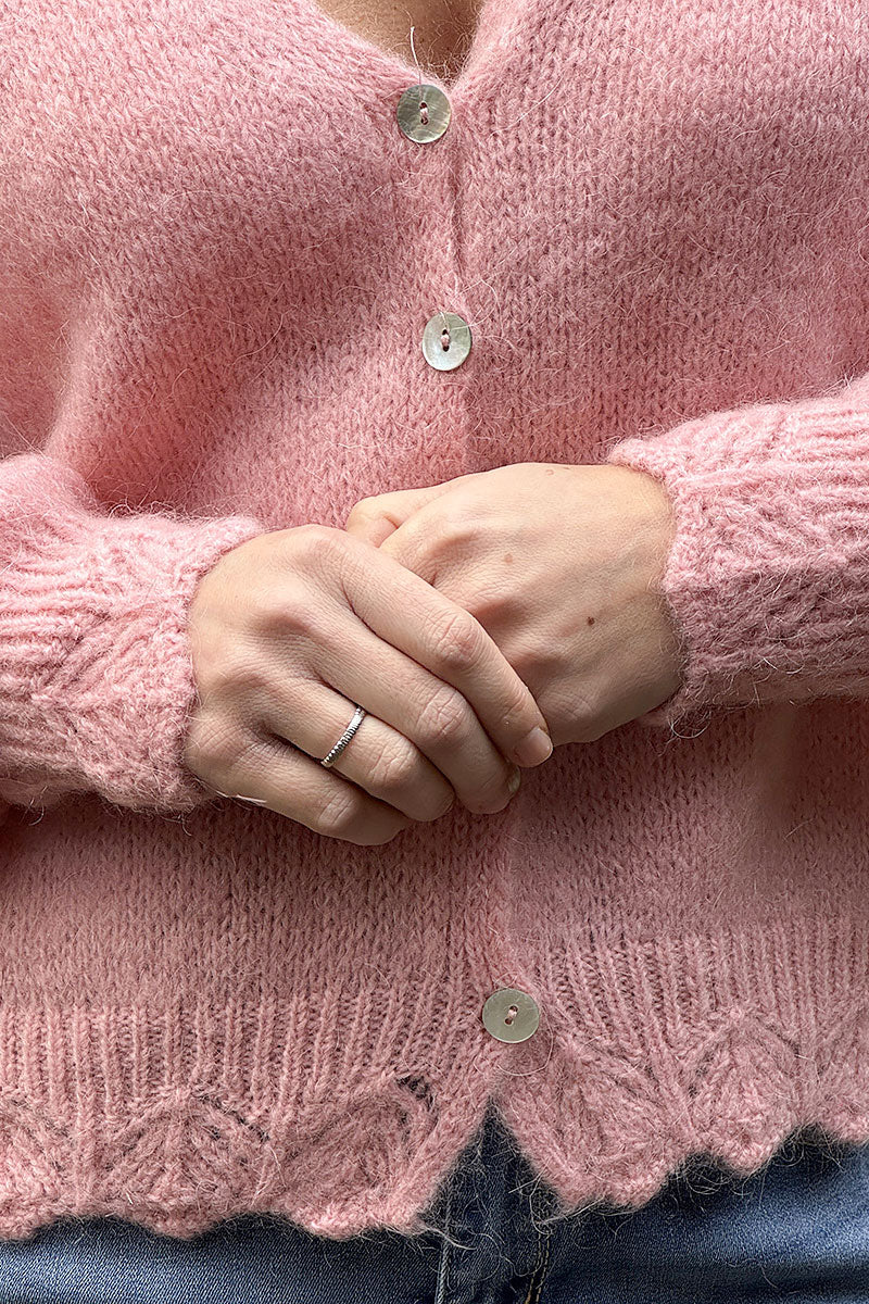 Baby Pink Scalloped Hem Mohair Knit Cardigan
