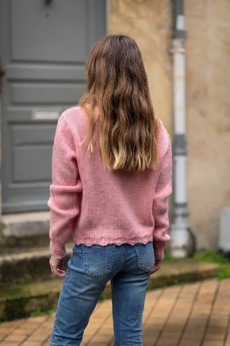 Baby Pink Scalloped Hem Mohair Knit Cardigan