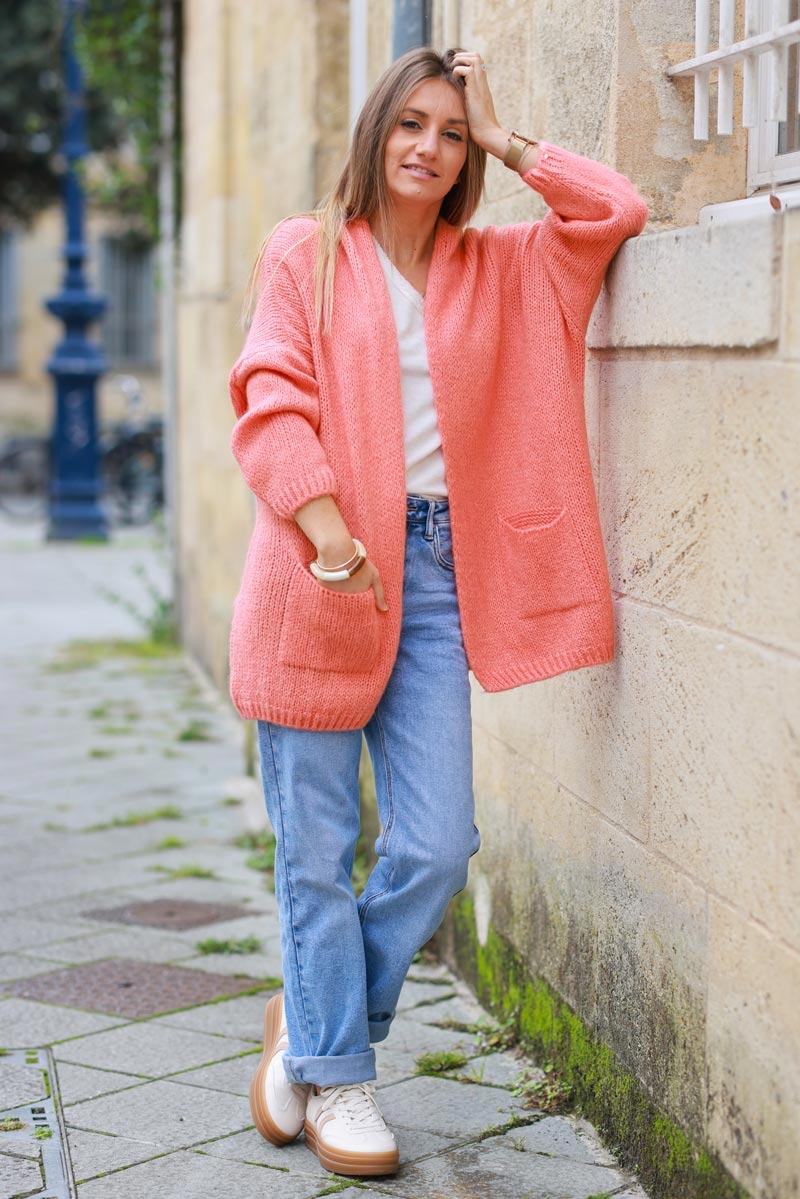 Gilet rose saumon col enveloppant avec poches
