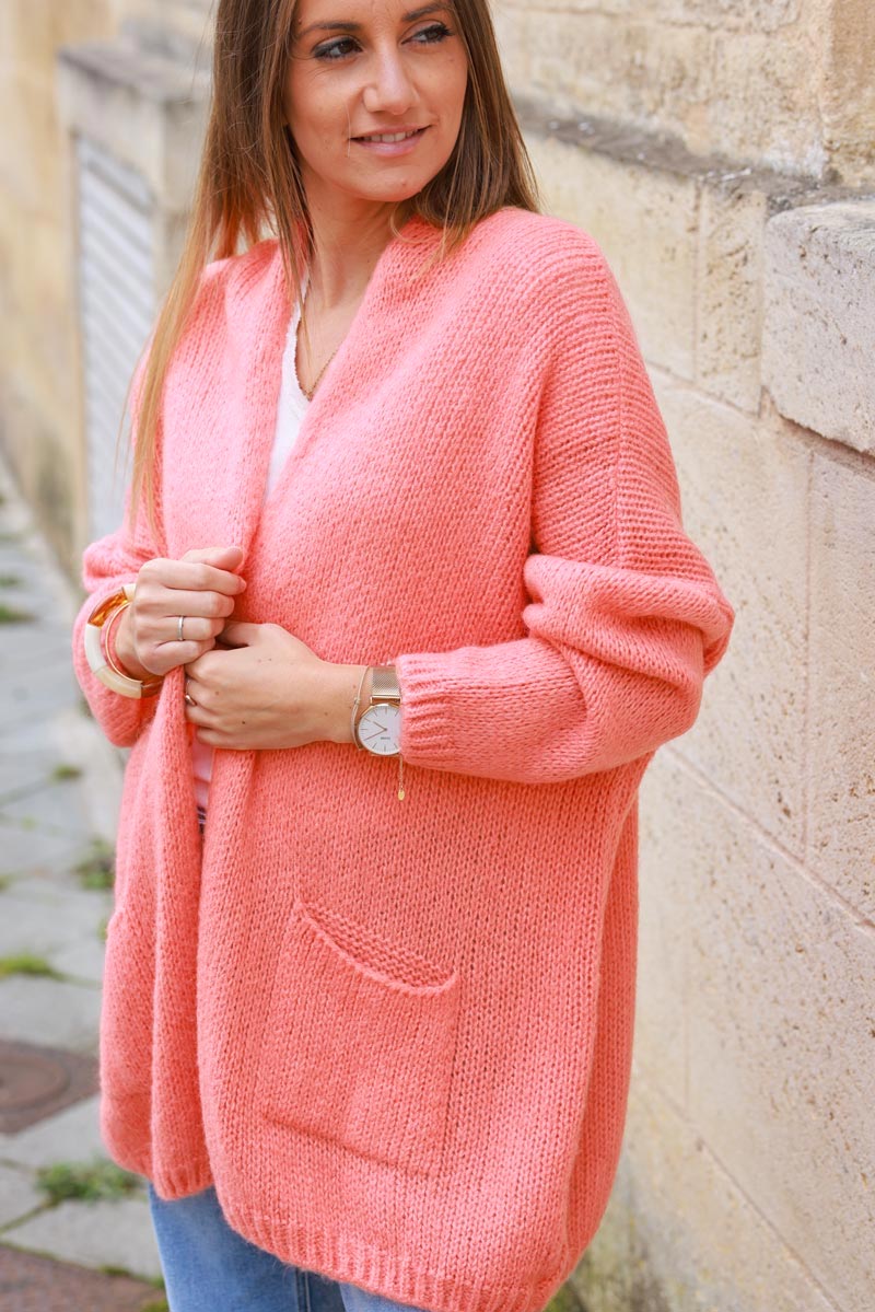 Gilet rose saumon col enveloppant avec poches HORIZONS LOINTAINS