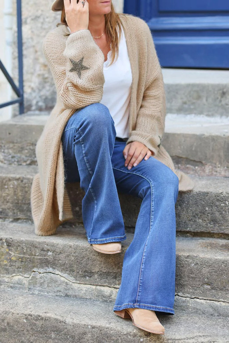 Light camel Drop-Sleeve Knit Duster with Star Studded Cuffs